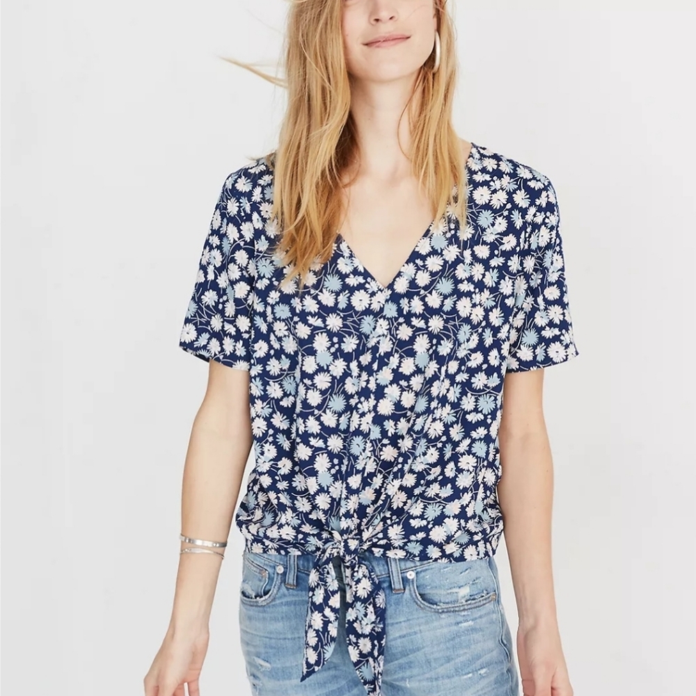 MADEWELL | NWT | Blue Novel Tie-Front Top in French Floral | XS